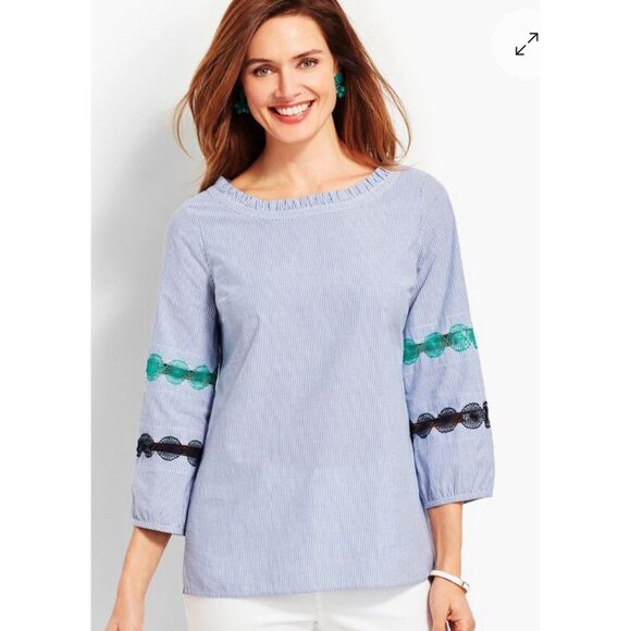 Talbots Small Blue/White Striped Embroidered Coastal Boho Bishop Cotton Top Work - Picture 1 of 8